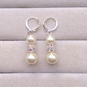 Aurora Borealis Crystal + Glass Pearl Silver Drop Earrings